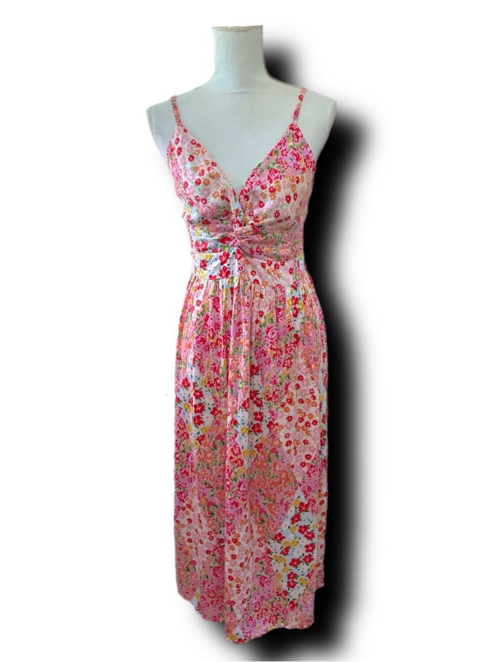 NWOT Angie Boho Hippie Colorful Patchwork Print Front Cut-Out Floral Midi Dress